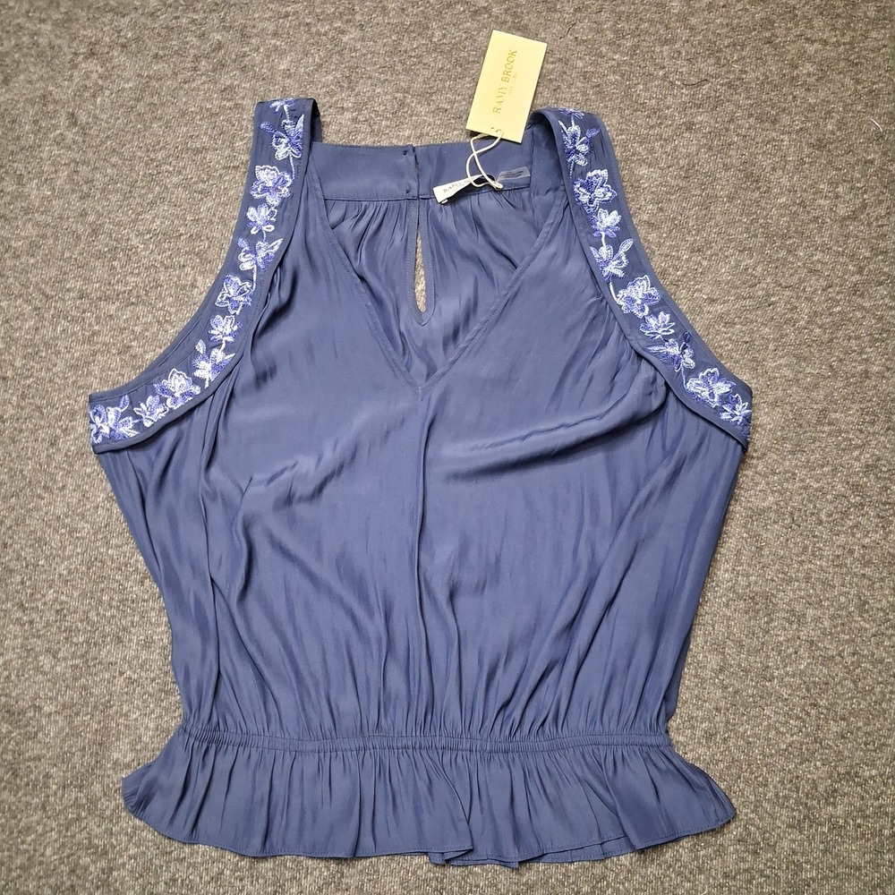 Ramy Brook Satin Blue Embroidered Sleeveless Smocked Peplum Top Large NWT - Picture 10 of 13